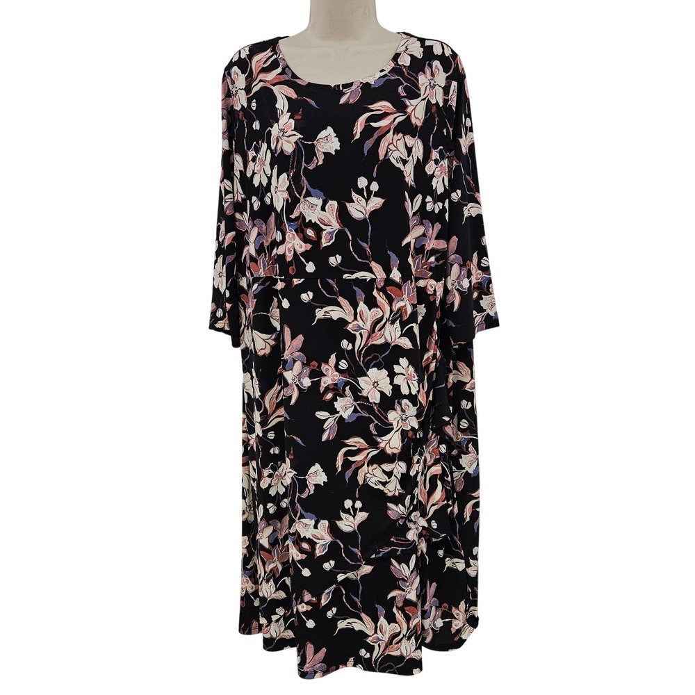 Catherines Dress SZ 1X 18/20W Black Floral Stretch A-Line Midi Feminine Festive